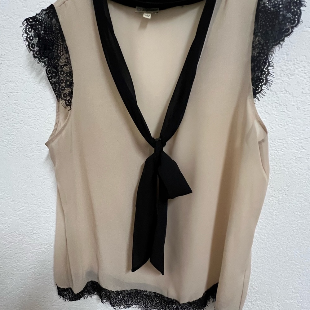 Lily White Black and Cream Sleeveless sheer Blouse with Sailor Collar